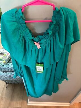 Lilly Pulitzer Teal Ruffled Off-Shoulder Blouse